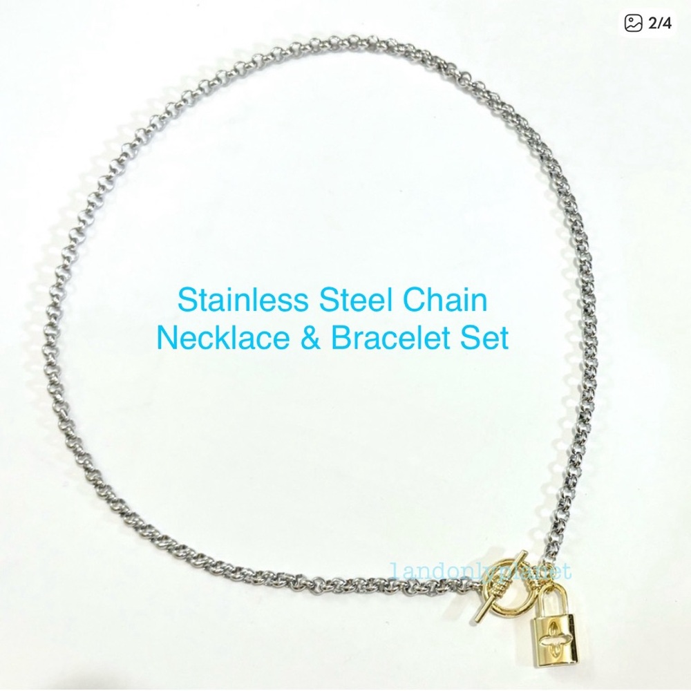 Last Set❣️Gold Lock Charm Necklace & Bracelet Stainless Steel ChainOR 915 Silver - Picture 4 of 7